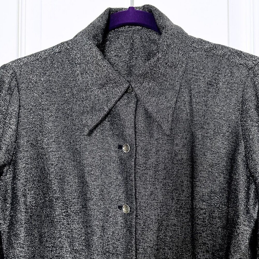 70s Silver Sparkle Dagger Collar Long Sleeve Blouse ✨✨✨
